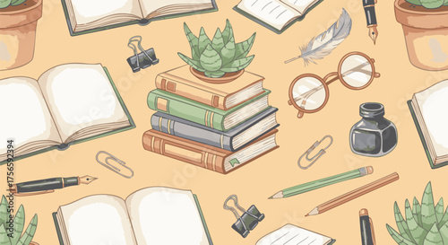 Seamless pattern of books, potted plants, glasses, inkwells, pens, pencils, and paperclips