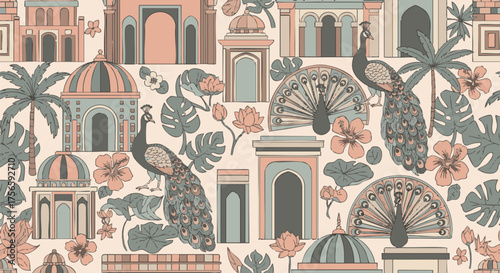 Stylish, hand-drawn Indian pattern illustration featuring peacocks, lotus flowers, tropical leaves, and architectural elements in a decorative repeat