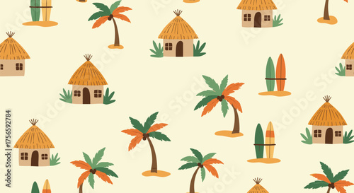 Tropical seamless pattern featuring cute, hand-drawn style huts, palm trees, and surfboards on a light background
