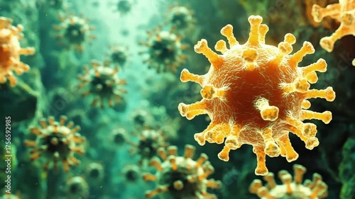 Detailed 3D rendering of SARS-CoV-2 (COVID-19) coronavirus pathogens causing pandemic disease magnified microscopic view