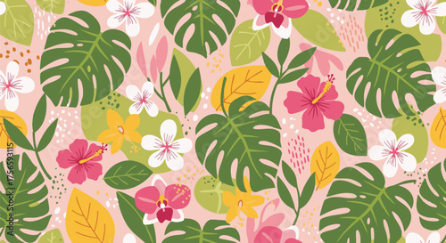 Vibrant tropical seamless pattern featuring stylized Monstera leaves, hibiscus, and orchid flowers against a soft pink background