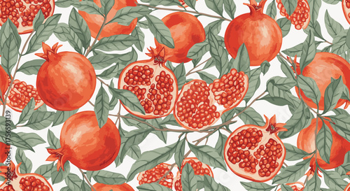 Vibrant watercolor seamless pattern featuring ripe red pomegranates and lush green foliage against a white background