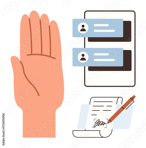 Open hand, chat boxes with profiles, digital document, and pen signing. Ideal for agreement, consent, communication, collaboration approval digital interaction e-signature. Minimalistic flat