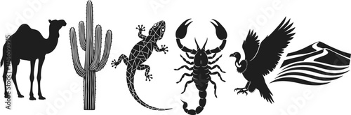 Desert wildlife silhouette vector illustration featuring camel, cactus, lizard, scorpion, vulture, and sand dunes, perfect for nature, wildlife, and ecosystem themed design
