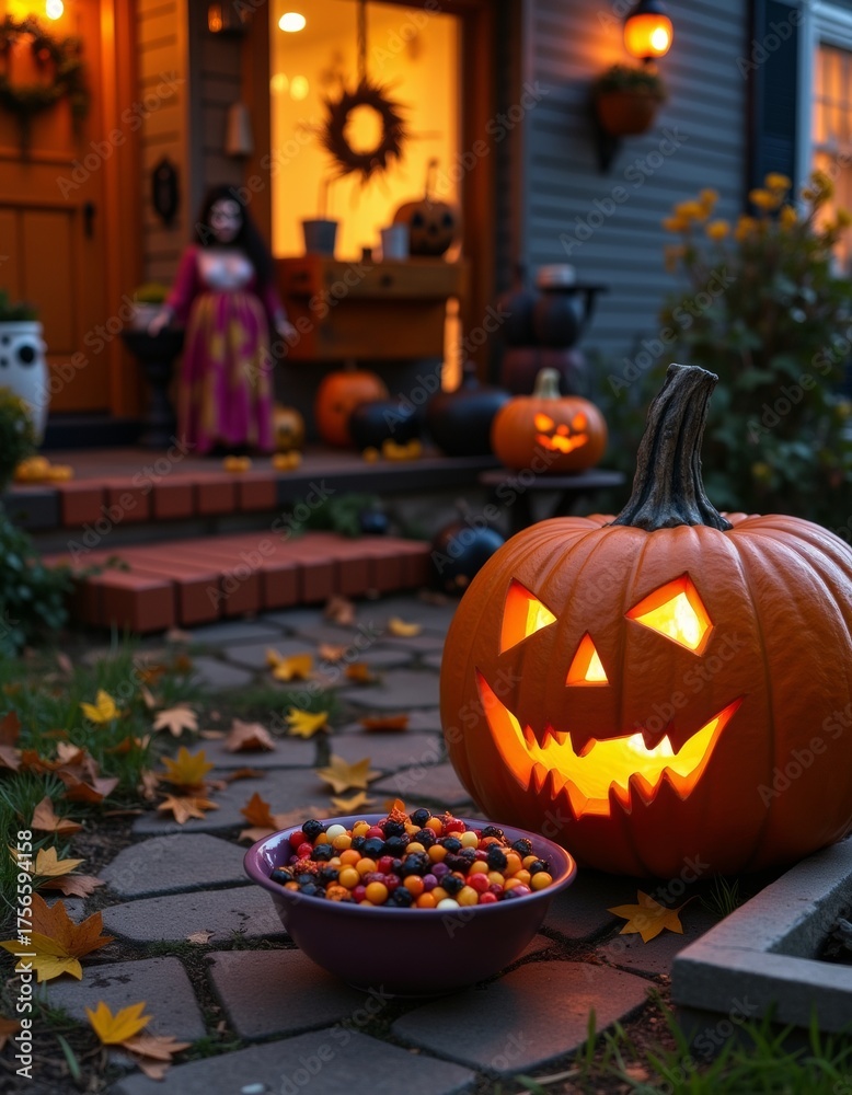 Obraz premium A bowl of candy and a pumpkin on a front porch for halloween trick or treating halloween costumes holiday party horror design custom scary