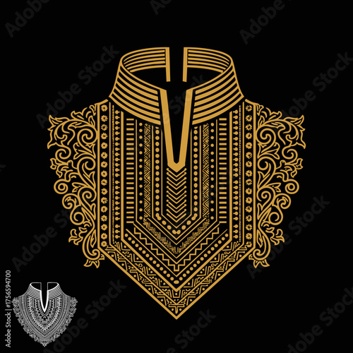 Ornate golden embroidery design for clothing neckline on a black background art