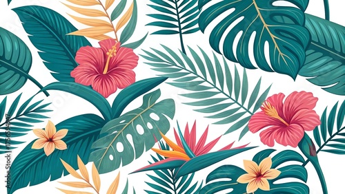 Seamless Tropical Pattern with Vibrant Palm Leaves and Exotic Flowers, Vector Design