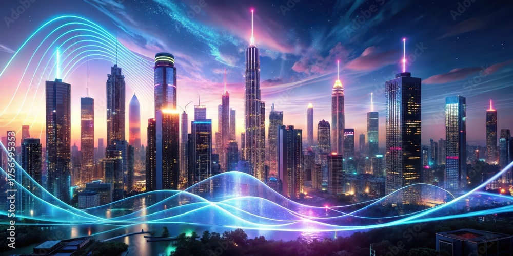 Obraz premium Illuminated Metropolis A Futuristic Skyline Bathed in Vibrant Neon Hues and Dynamic Energy Flows