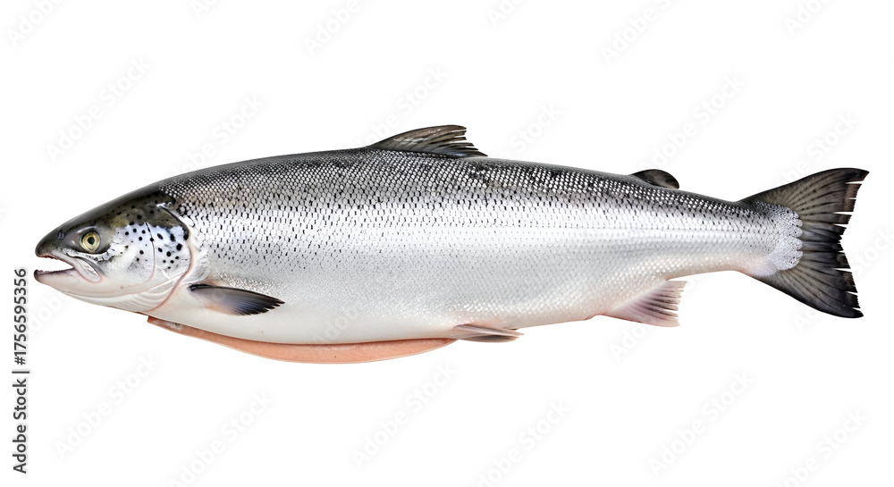 Naklejka premium Fresh Raw Whole Atlantic Salmon Fish Isolated on White Background. Healthy seafood protein for gourmet cooking and diet.