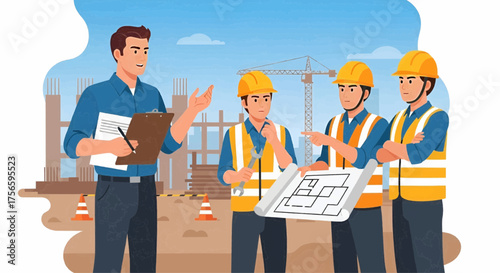 Vector illustration of a project manager giving instructions to workers with a clipboard