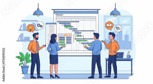 Vector illustration of project team having a discussion in front of a Gantt chart board