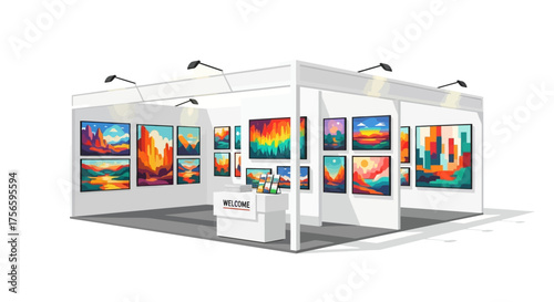 A cartoonstyle art exhibit shows numerous colorful paintings on display with a reception desk labeled WELCOME