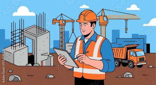 Vector illustration of a site inspector checking progress with tablet in hand