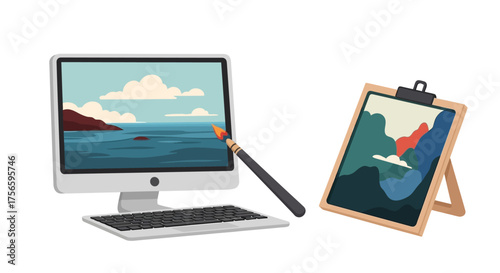 A computer monitor displays a seaside landscape while a painting easel stands nearby A paintbrush touches the screen