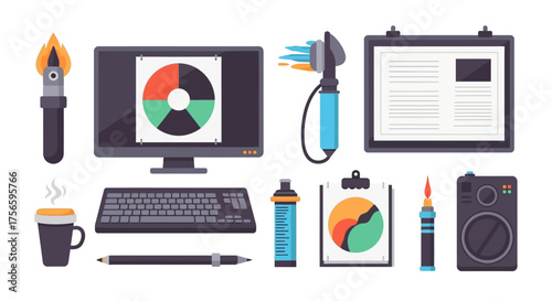 A flat lay of a modern office or design space setup with a screen tools and daily work items
