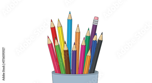 A pencil holder filled with a variety of colored pencils and one traditional graphite pencil