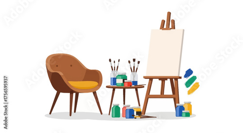 A painting setup with an easel paints brushes and chair is staged in an art studio