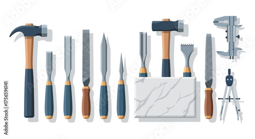 A set of tools for stone carving arranged on a white surface including hammers chisels files and calipers