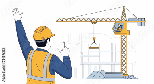 Vector illustration of a foreman giving hand signals to crane operator, minimal vector style