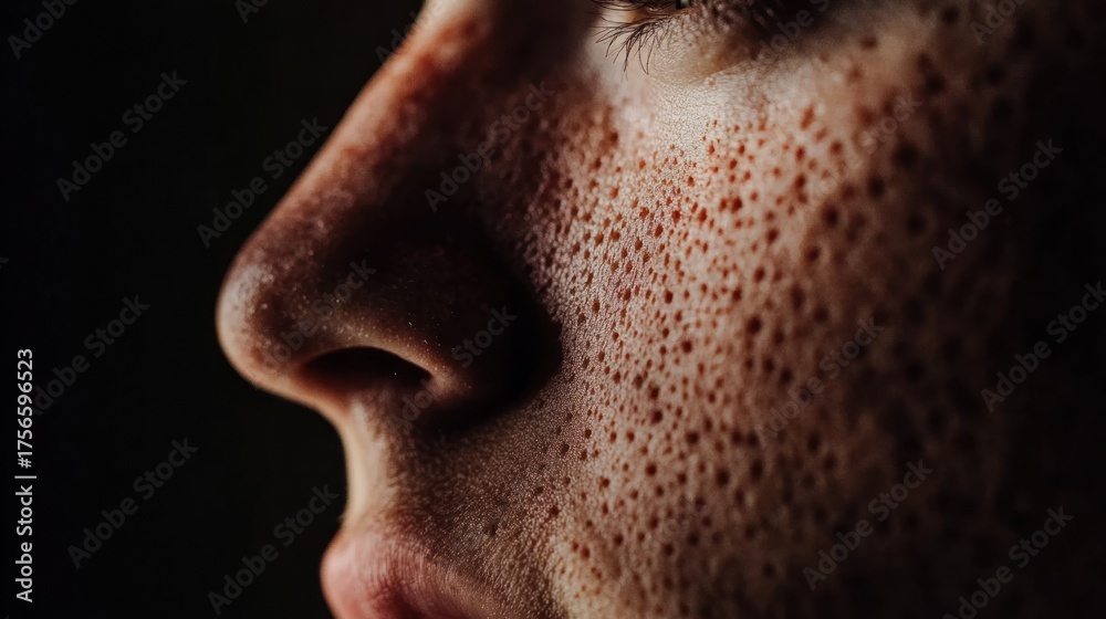 Obraz premium Close-up profile of freckled face, dark background