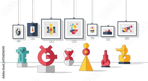 An art gallery displays framed abstract art  sculptures on white stands casting shadows on the floor