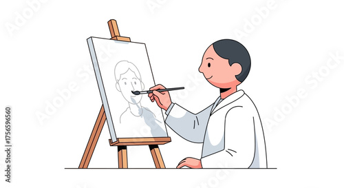 An artist paints a portrait of a person on a white canvas mounted on a wooden easel