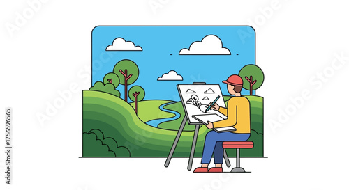 An artist paints a landscape with hills trees sky and clouds seated at an easel outdoors