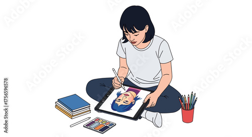 An artist sits crosslegged while drawing a digital portrait on a tablet