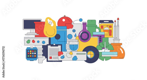 Animated assortment computer containers flask paintbrushes pear clipboard discs and palette are arranged on a white backdrop