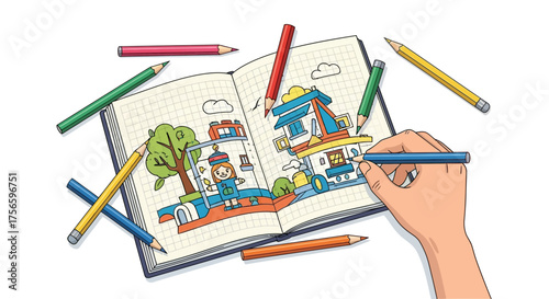 An open sketchpad displays colorful drawings surrounded by pencils and a hand adding details