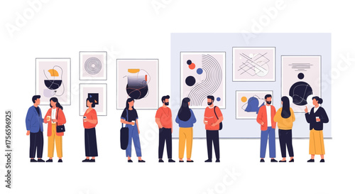 Art gallery scene with people admiring modern paintings displayed on walls