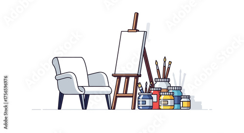 Art studio scene easel blank canvas brushes paint jars and chair