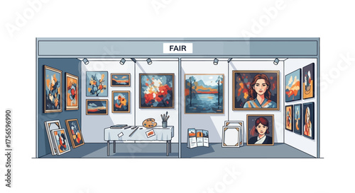 Art fair exhibit with paintings a table and a variety of framed artwork