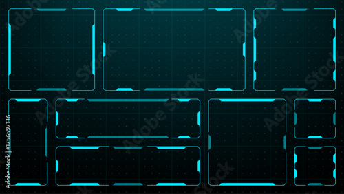 Futuristic hud frame template with a grid background. Cyberpunk overlay layout for game interface or digital technology concept.