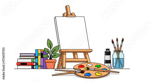 Art supplies easel blank canvas paint palette brushes books plant jar with water tube of paint