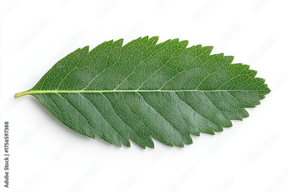 Obraz premium Close up of a single serrated green leaf, revealing intricate veins, glossy surface, and subtle speckled texture against a clean white background.
