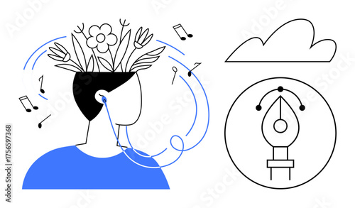 Human head with flowers symbolizing nature, music notes flowing from headphones, stylus tool in a circle, and a cloud. Ideal for creativity, innovation, art, imagination, mindfulness design