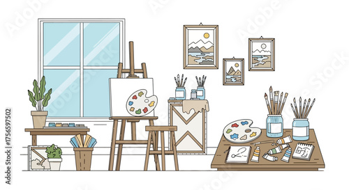Artists studio with easel paintings brushes paint table  plants in a bright room