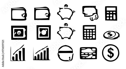 Finance and Money Icon Set-icon collection showing wallet, coins, piggy bank, safe box, calculator, graph, bar chart, ATM, credit card, and dollar symbol