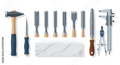 Assorted tools including chisels a hammer and calipers arranged beside a block of marble