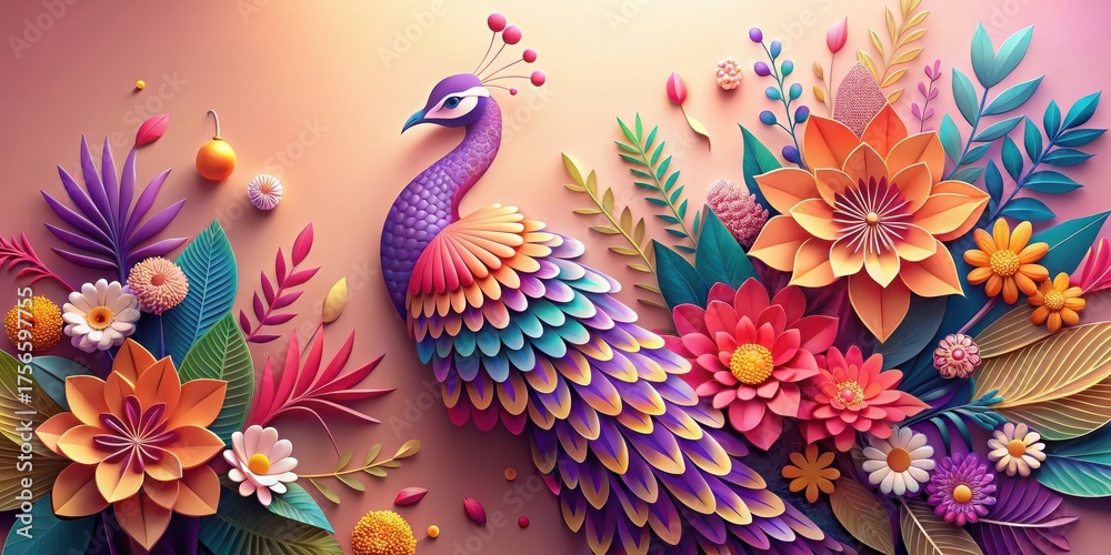Obraz premium Vibrant Peacock and Paper Flower Arrangement A Colorful Botanical Illustration Featuring Intricate Details and Vivid Hues