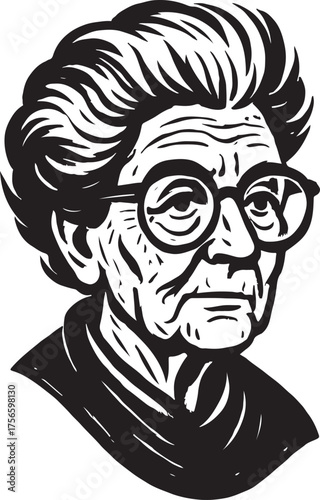 Woodcut portrait of an elderly woman with glasses exuding wisdom and character