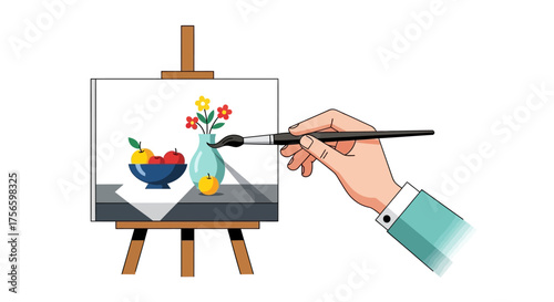 Hand with a paintbrush painting still life with fruit vase  flowers on a canvas displayed on a wooden easel