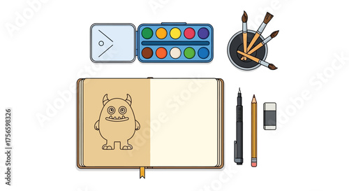 Illustration of an open sketchbook with a monster drawing next to art supplies