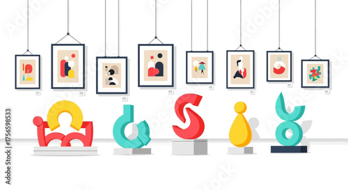 Museum scene framed artwork hanging above various colorful geometric sculptures on pedestals