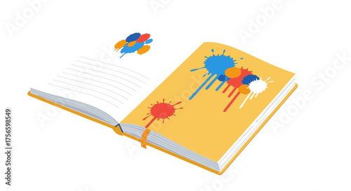 Open book with colorful ink blots on the cover and one blot on the open page