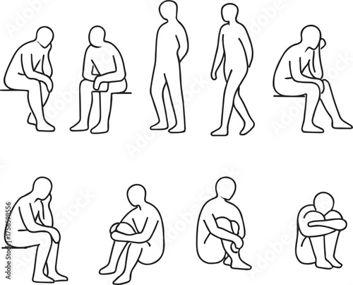 Diverse human poses sketches showing various sitting standing and contemplative figures