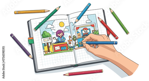 Open sketchbook with a drawn scene colored pencils scattered around a hand drawing in it