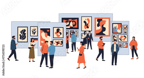 People view art on pale blue walls Paintings are modern bold and colorful in orange black  white