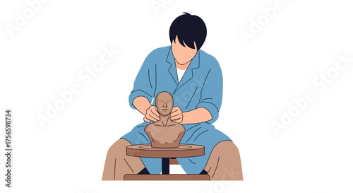 Person sculpting a bust on a pottery wheel hands shaping clay